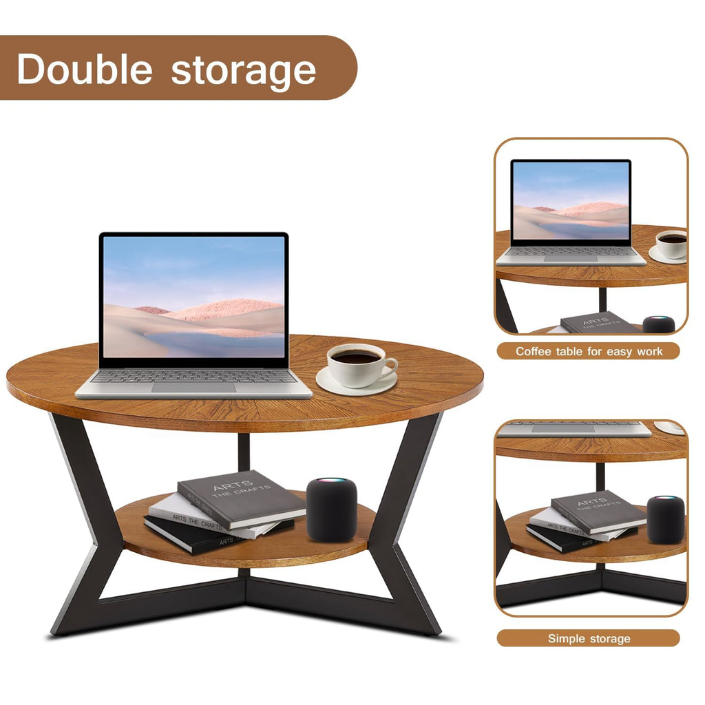 Brown 2-Tier Solid Wood Round Coffee Table I19197