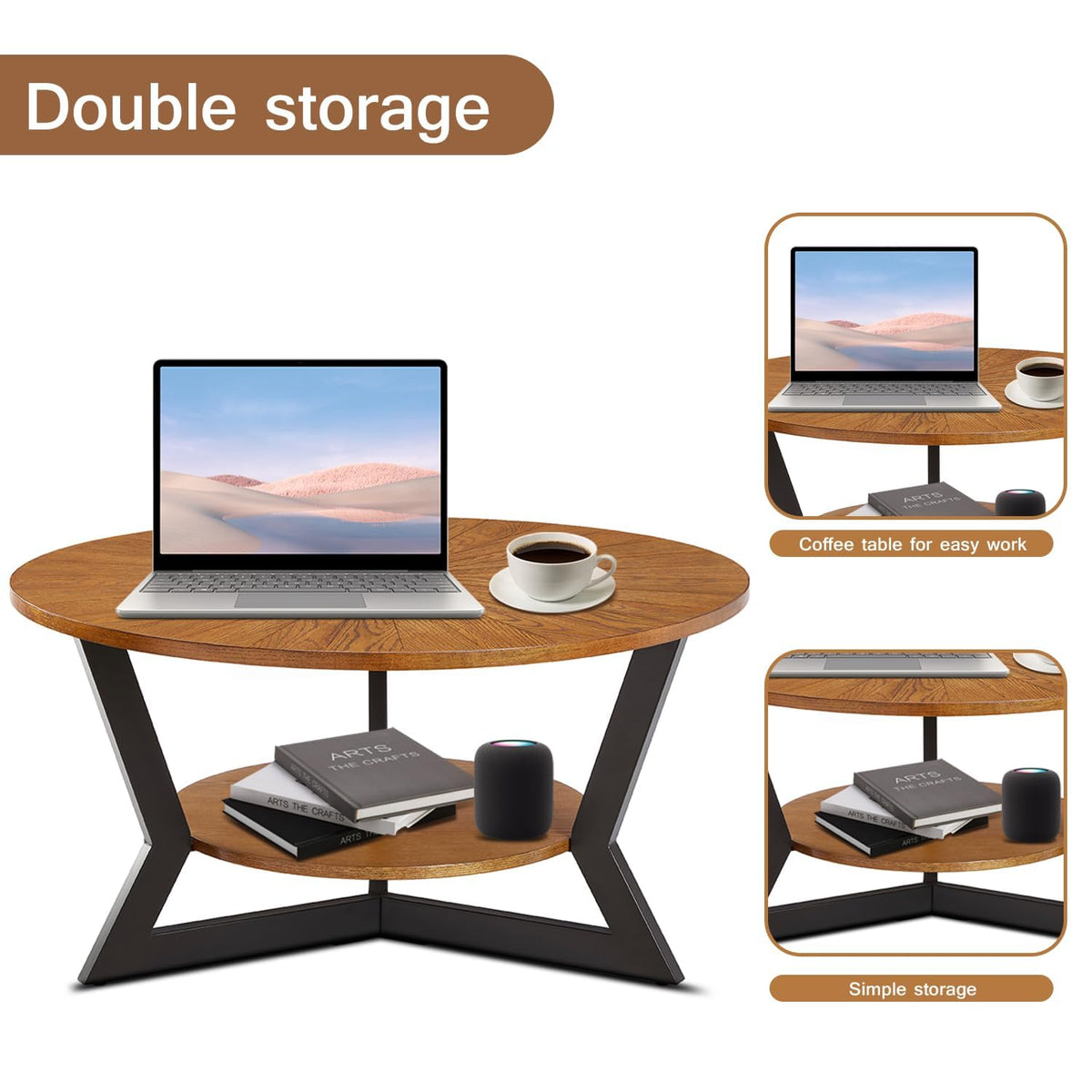 Brown 2-Tier Solid Wood Round Coffee Table I19197