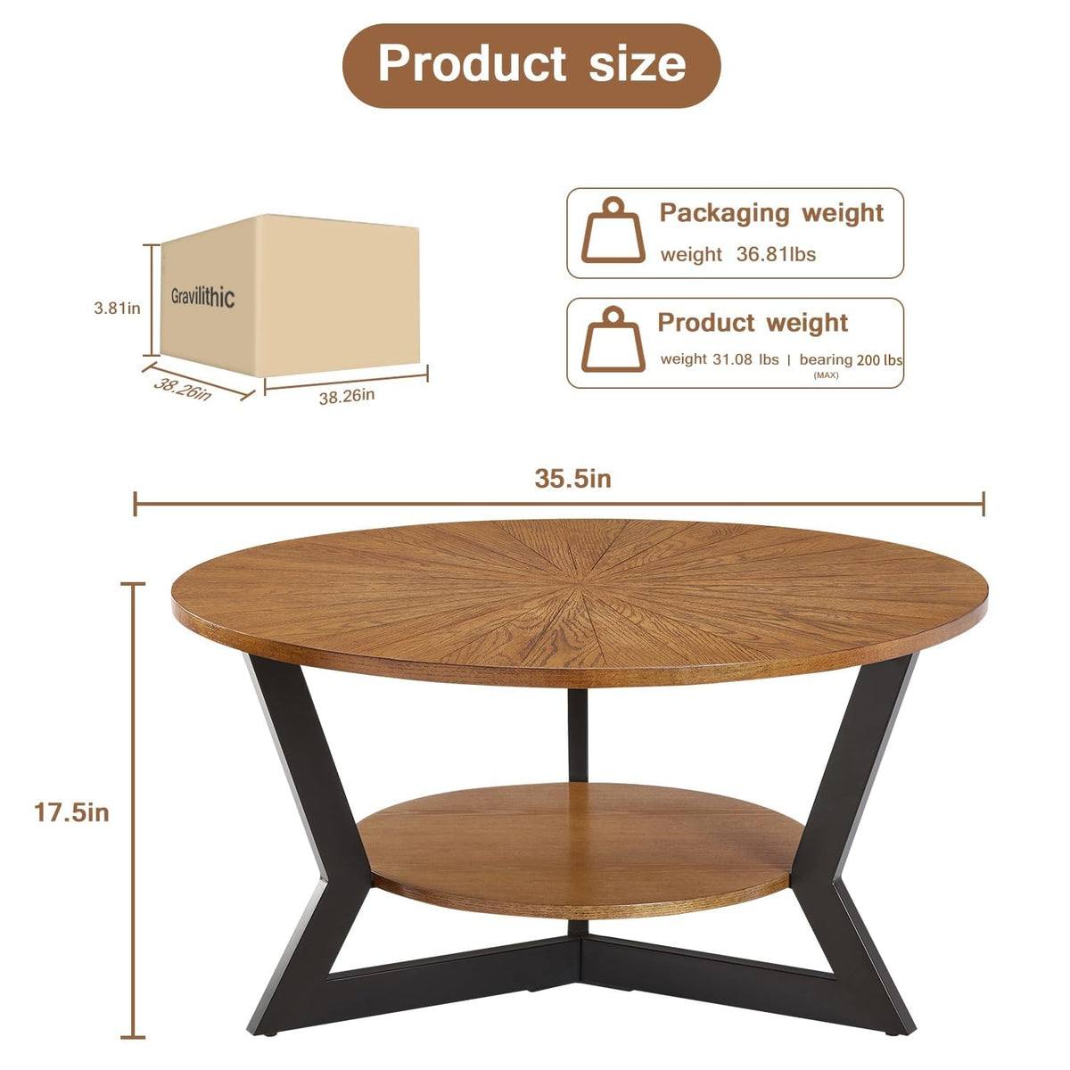 Brown 2-Tier Solid Wood Round Coffee Table I19197