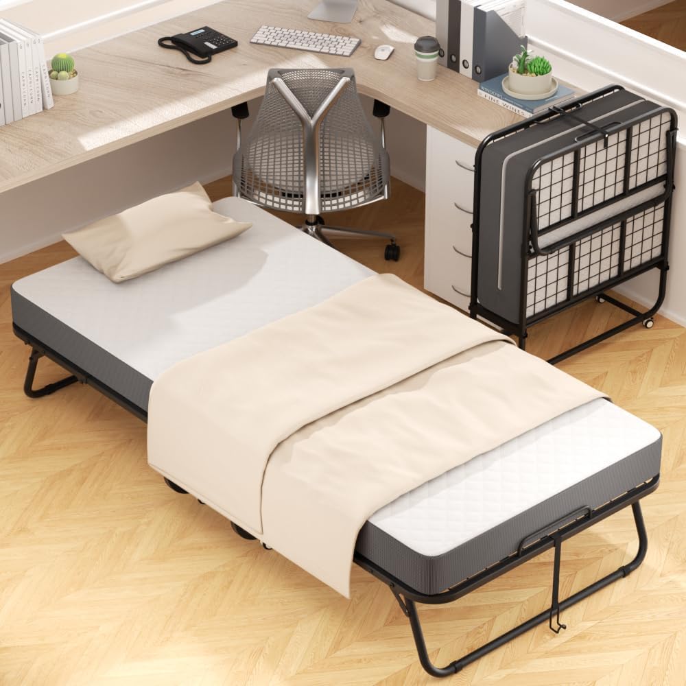 Foldable Single Bed with 5" Memory Foam Mattress and Wheels U89918