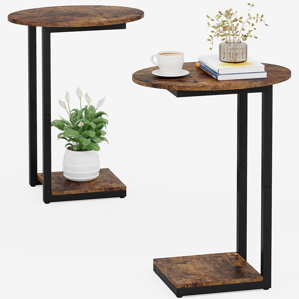 Small C-Shaped Wood Side Table Set of 2 with Metal Frame U145