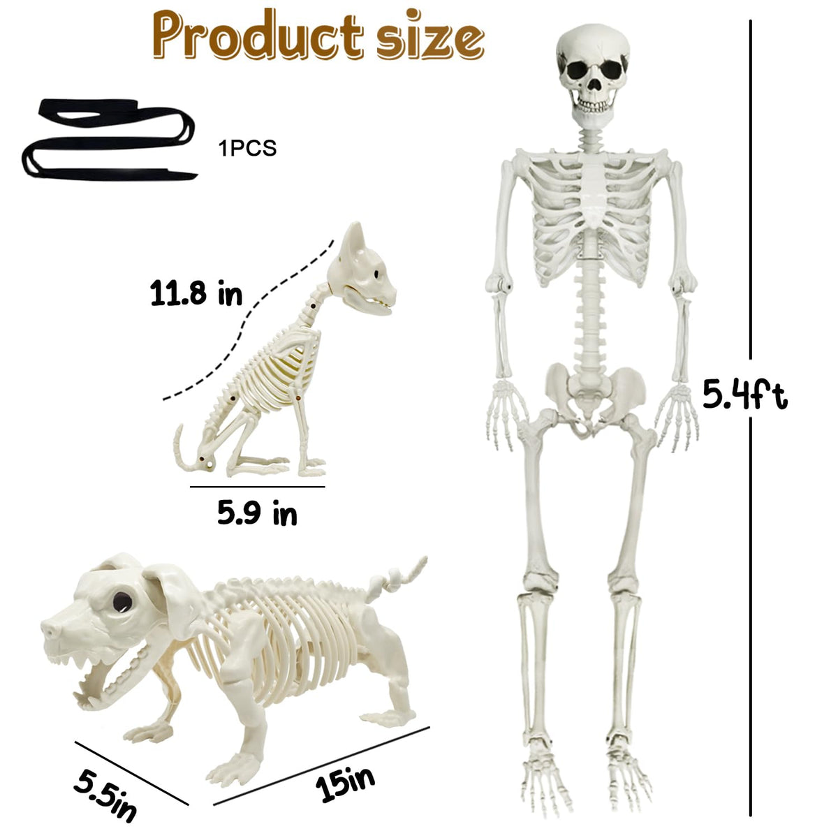 5.4Ft Posable Halloween Skeleton with Dog Cat Skeleton J8105