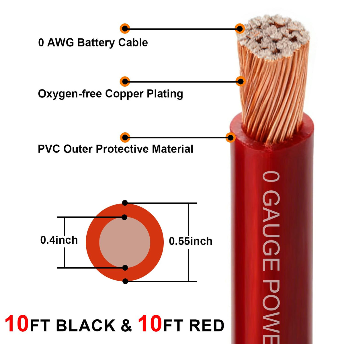 0 Gauge CCA Battery Cable 10FT Red 10FT Black Z614