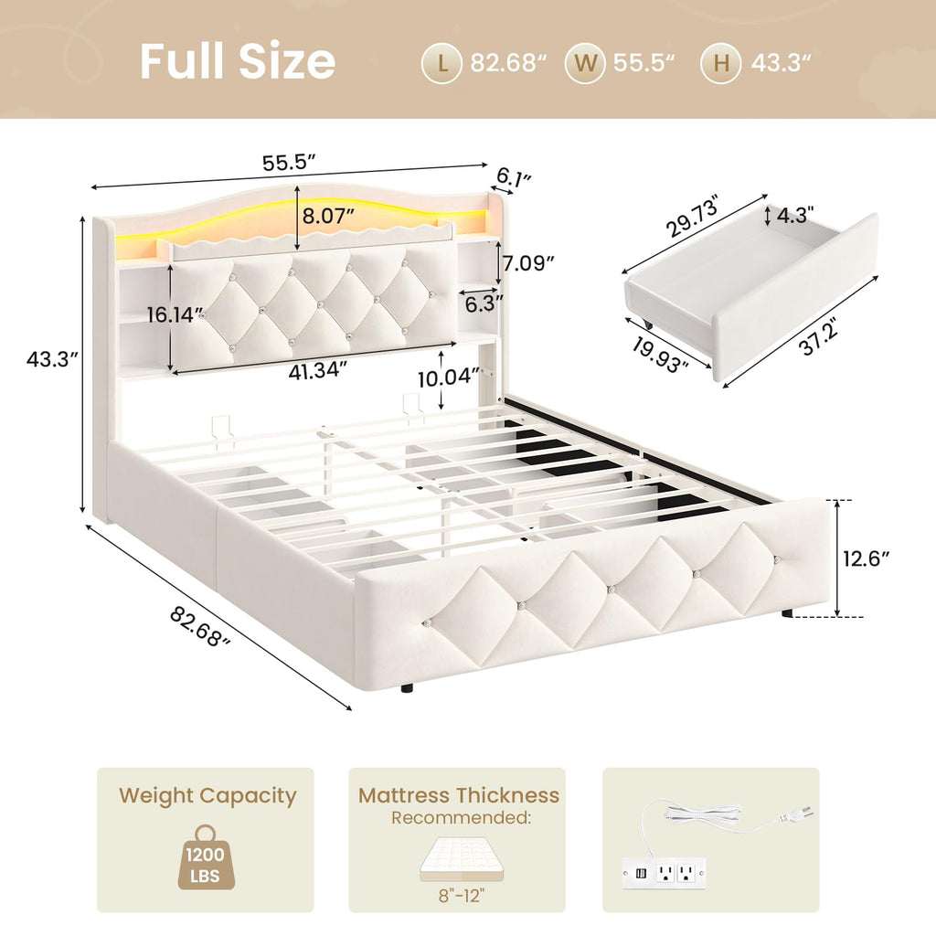 Full Size Velvet Upholstered Platform Bed with 4 Storage Drawers U99026