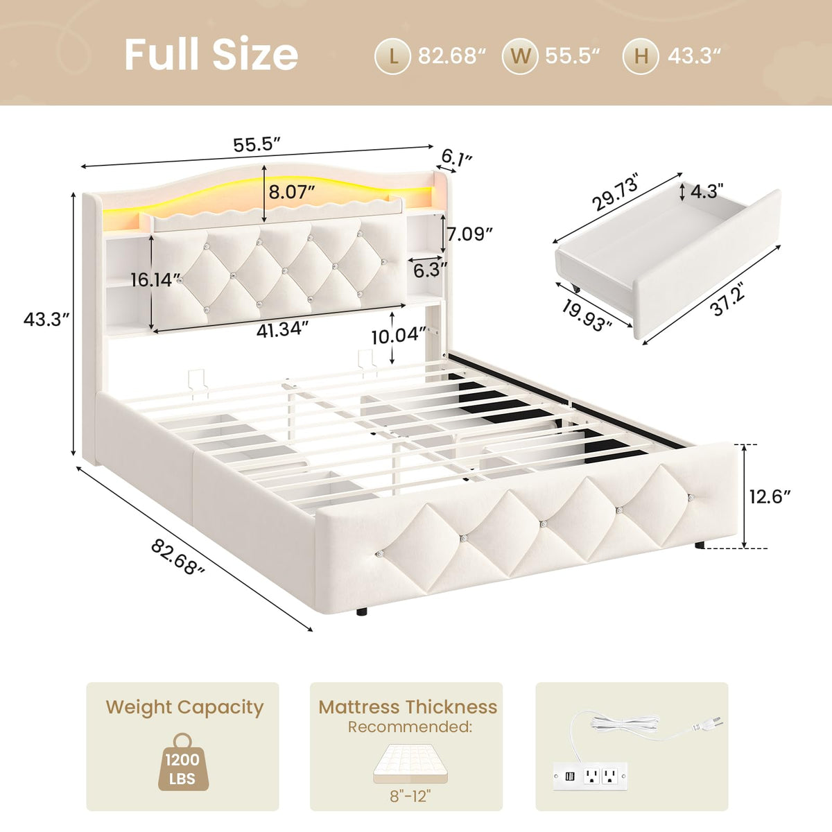Full Size Velvet Upholstered Platform Bed with 4 Storage Drawers U99026