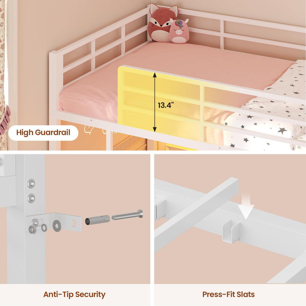 White Twin Over Twin Low Bunk Bed with Desk & 3 Storage Drawers A939983