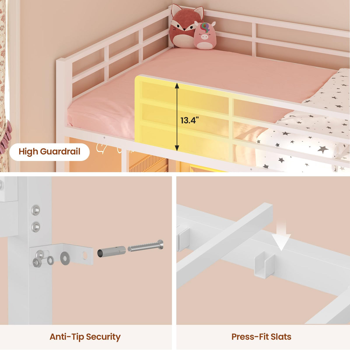 White Twin Over Twin Low Bunk Bed with Desk & 3 Storage Drawers A939983