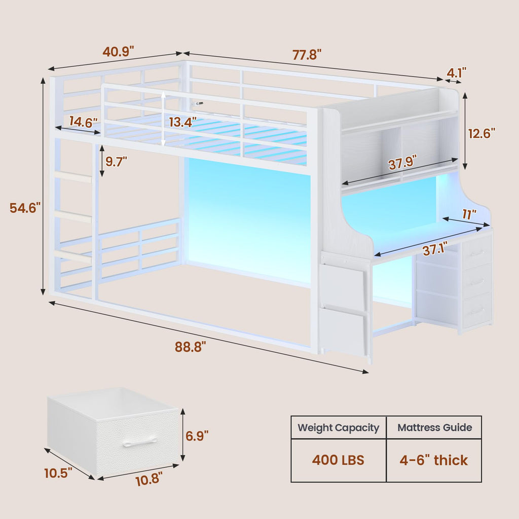 White Twin Over Twin Low Bunk Bed with Desk & 3 Storage Drawers A939983