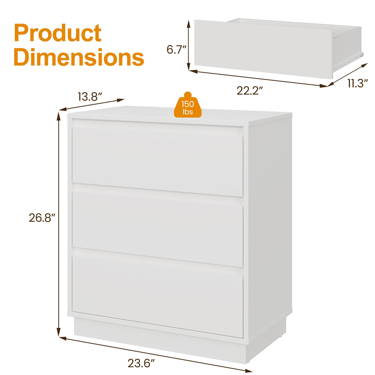 White 3 Drawer Nightstand B7736