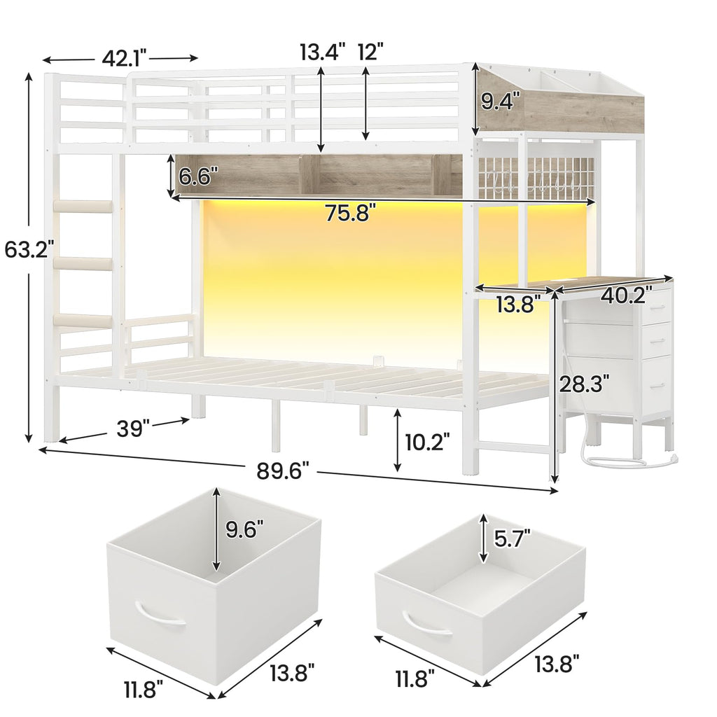 White Twin Over Twin Metal Bunk Bed with Desk and 3 Storage Drawers G1318