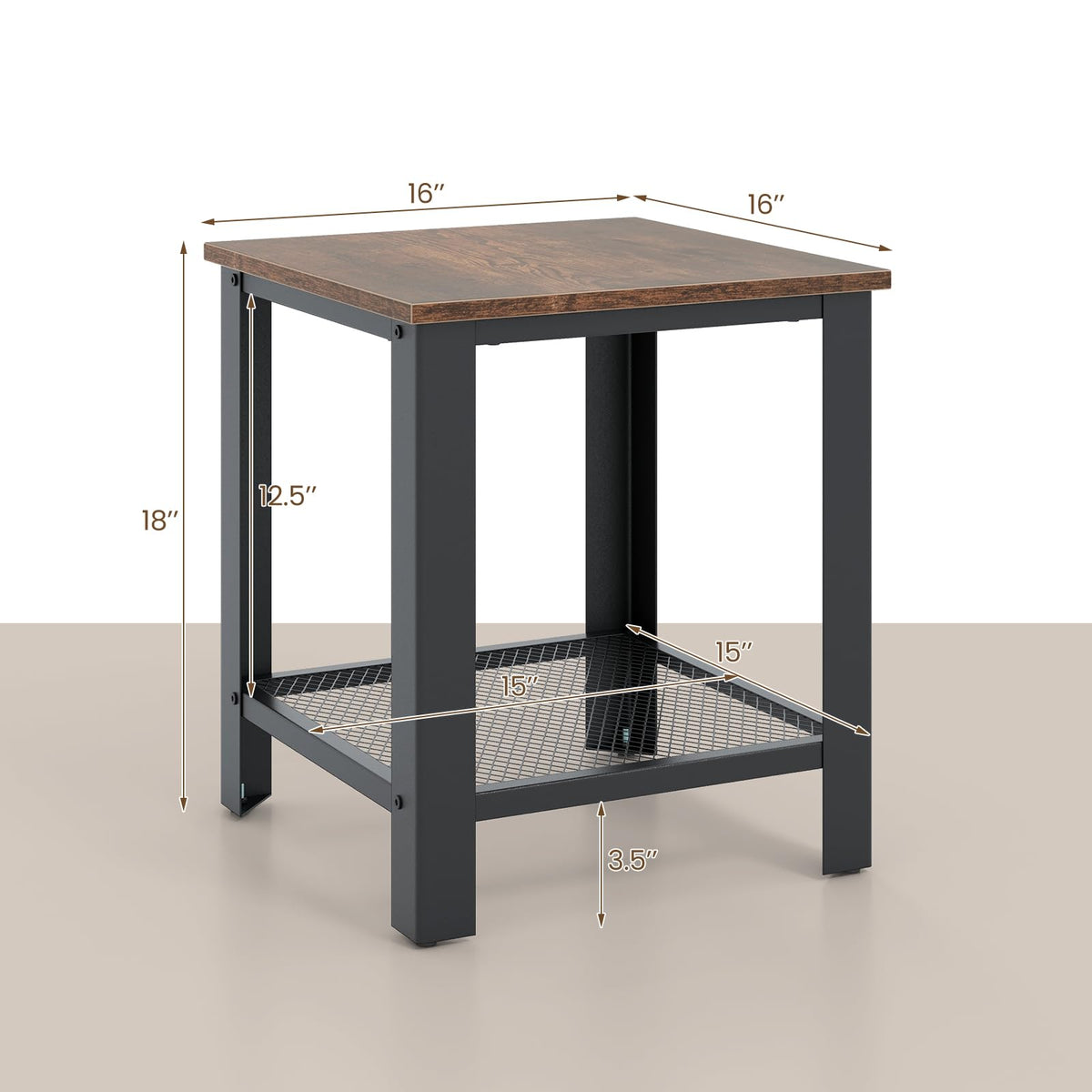 2-Tier End Table Set of 2, 16 Inch Side Table with Mesh Storage Shelf P686