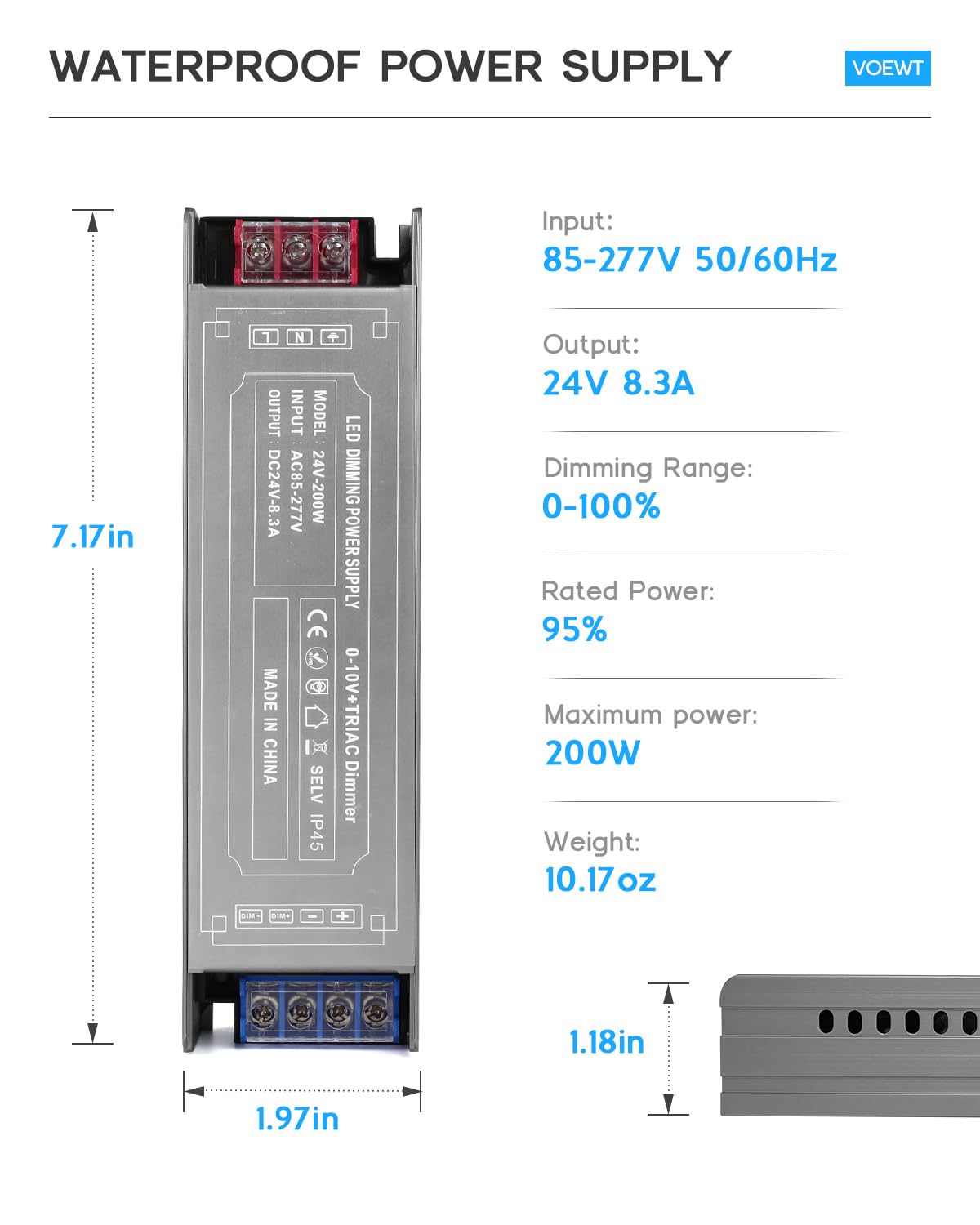 200 Watts Dimmable LED Driver 85V-277V AC to 24V DC Converter B596