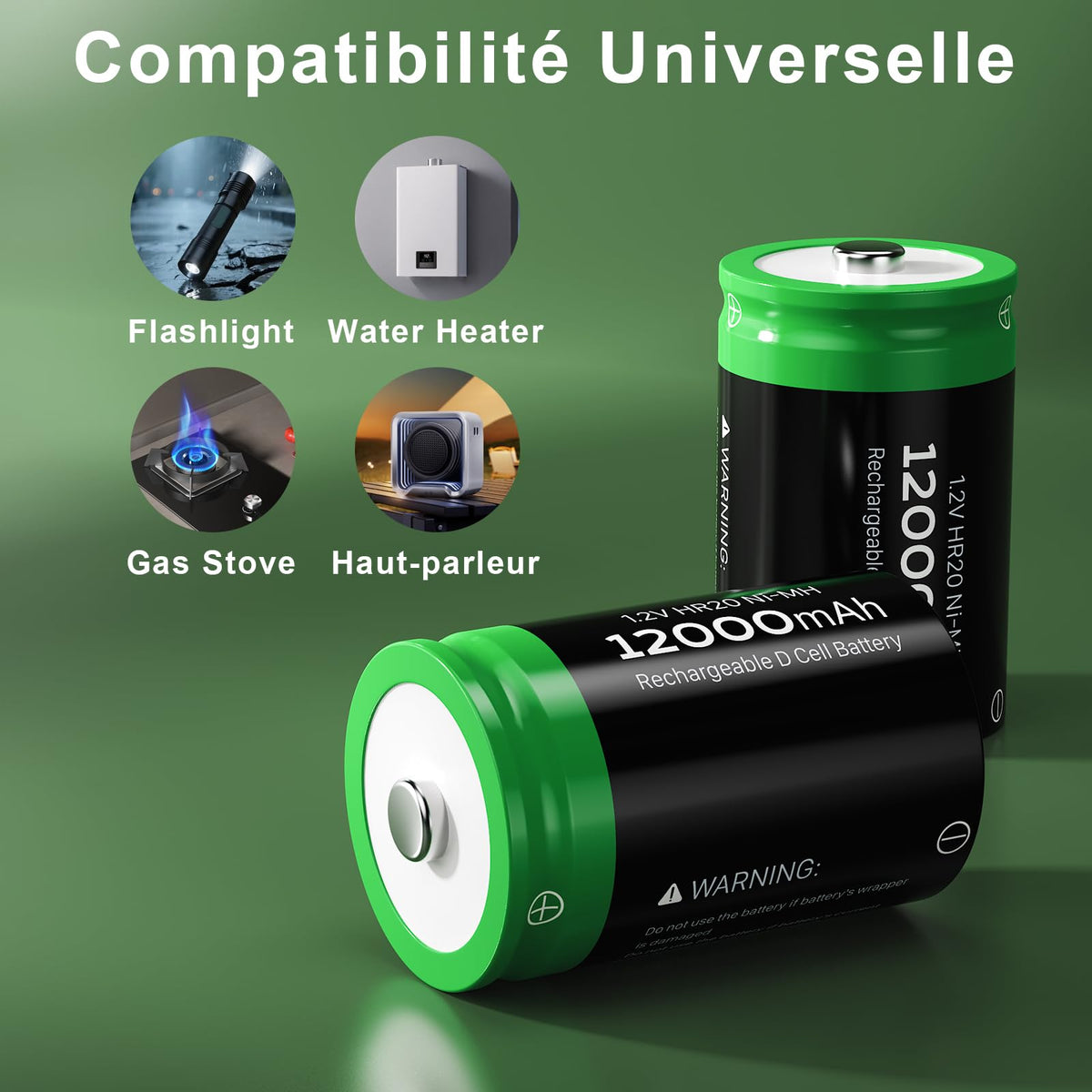 Rechargeable D Batteries, 12000mAh Ni-MH 1.2V 4-Pack Y162