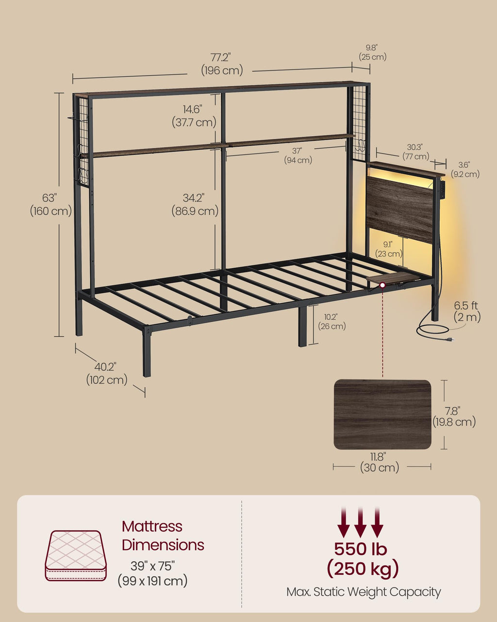 Twin Size Metal Bed Frame with Headboard L1957