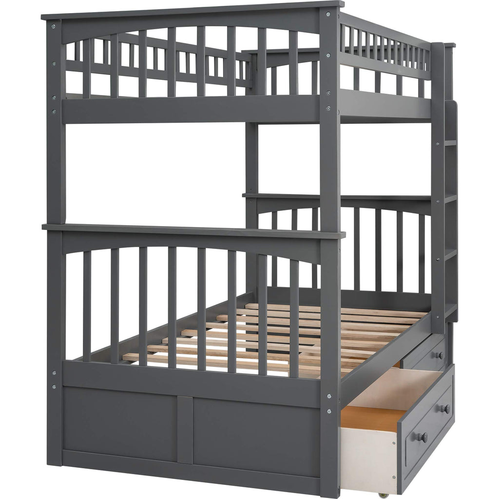 Grey Convertible Wood Twin-Over-Twin Bunk Bed with Storage Drawers and Ladder P7357