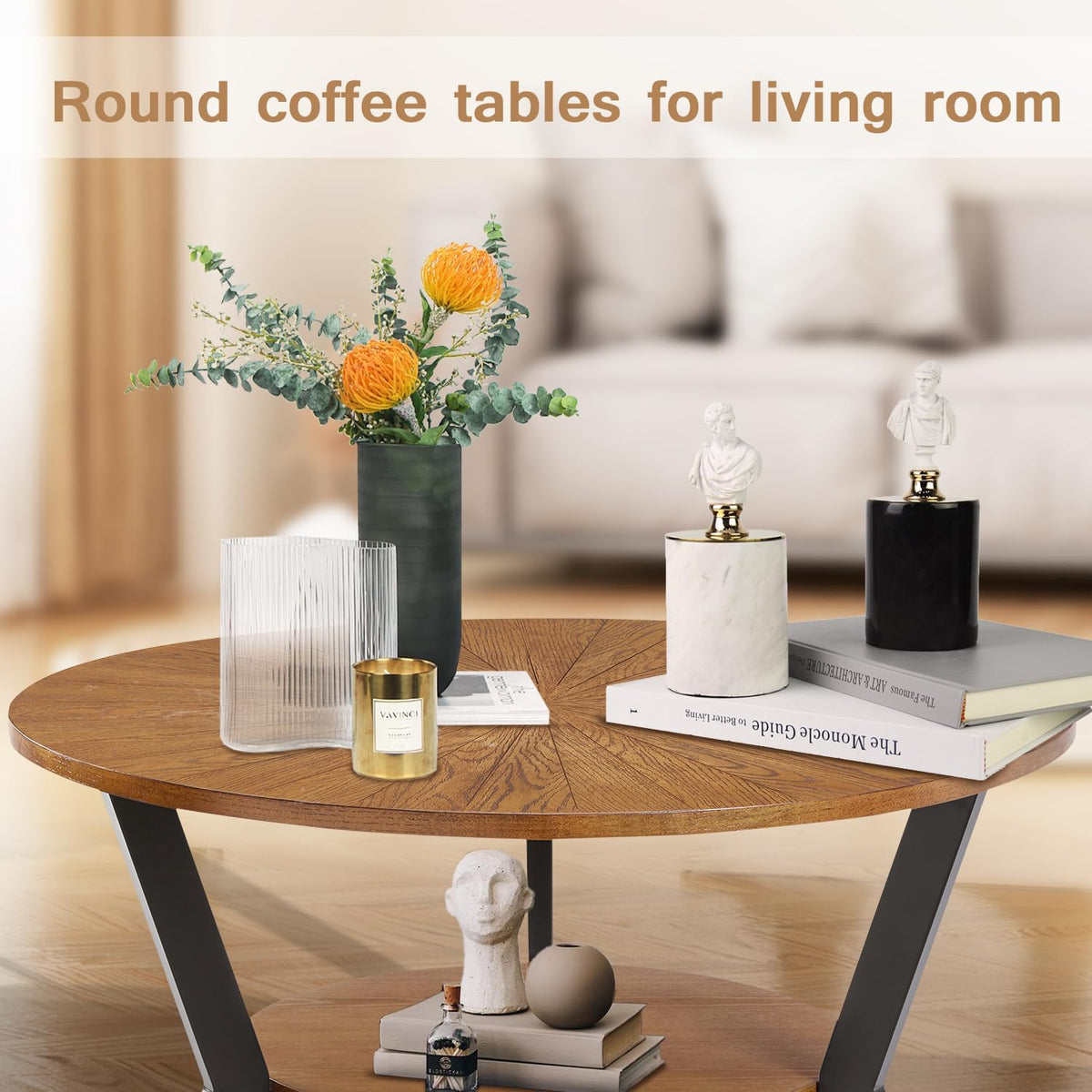 Brown 2-Tier Solid Wood Round Coffee Table I19197