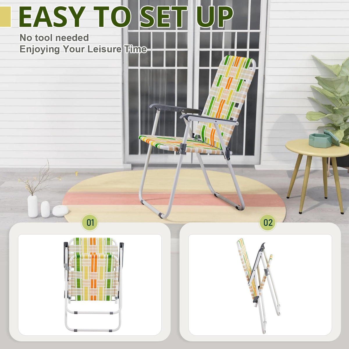 Set of 2 Webbed Folding Beach Chairs Yellow & Green W687733