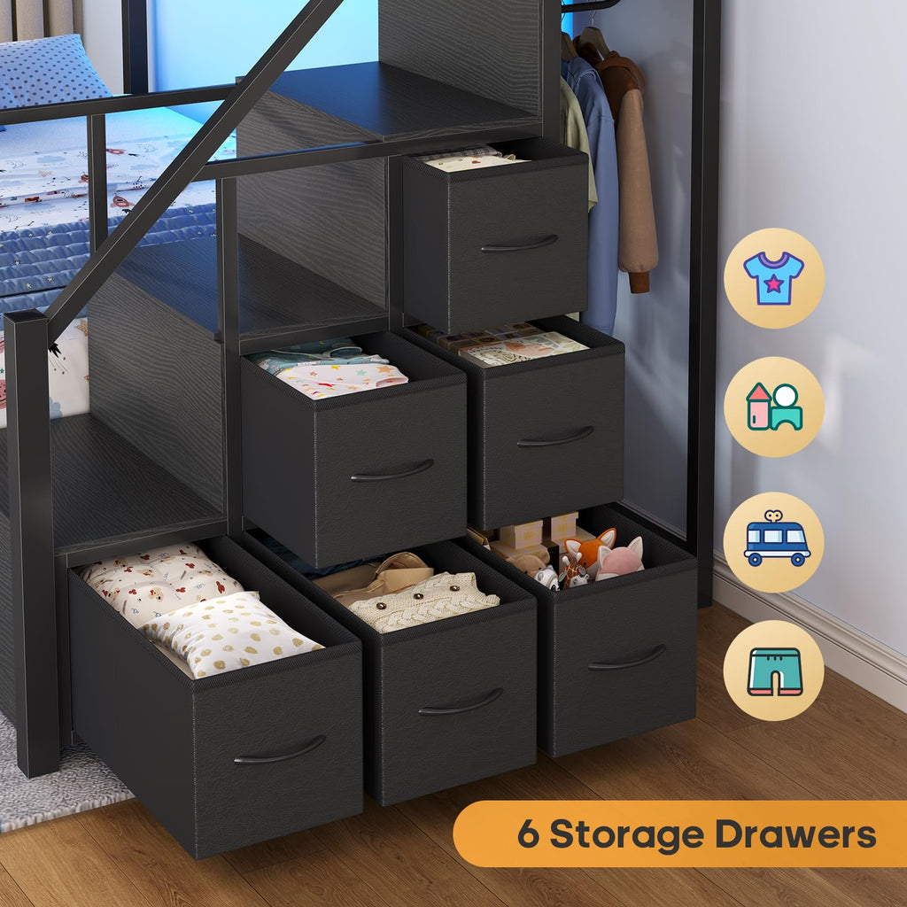 Twin Over Twin Bunk Bed with Trundle, Stairs, 6 Drawers, LED Lights L801