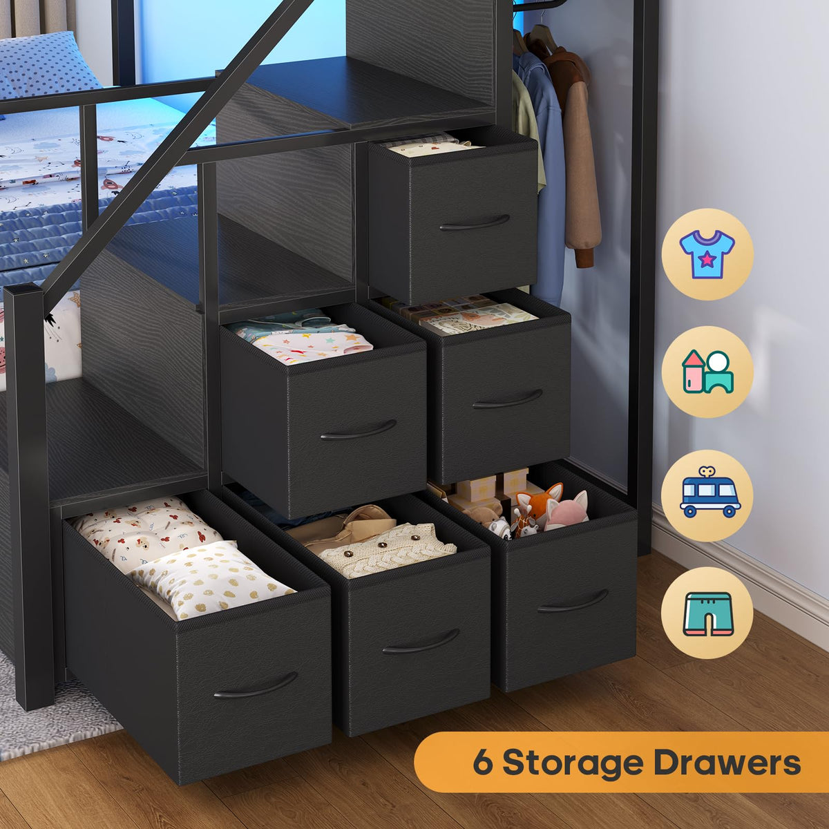 Twin Over Twin Bunk Bed with Trundle, Stairs, 6 Drawers, LED Lights L801