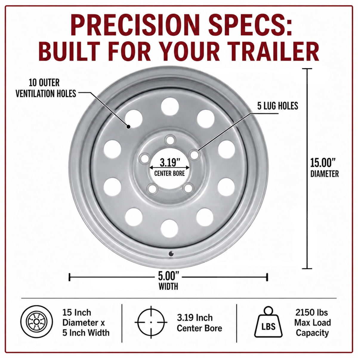 15 Inch 5 Lug Silver Trailer Wheel Q71062