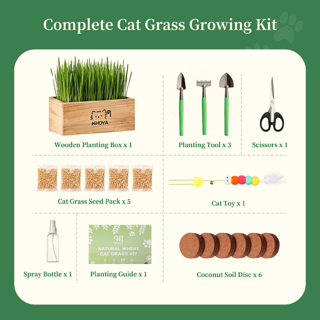 Cat Grass Kit with 5 Packets of Seeds, Wooden Planter, 6 Soil Discs, Trimming Scissors, Spray Bottle, and Mini Tools W53795