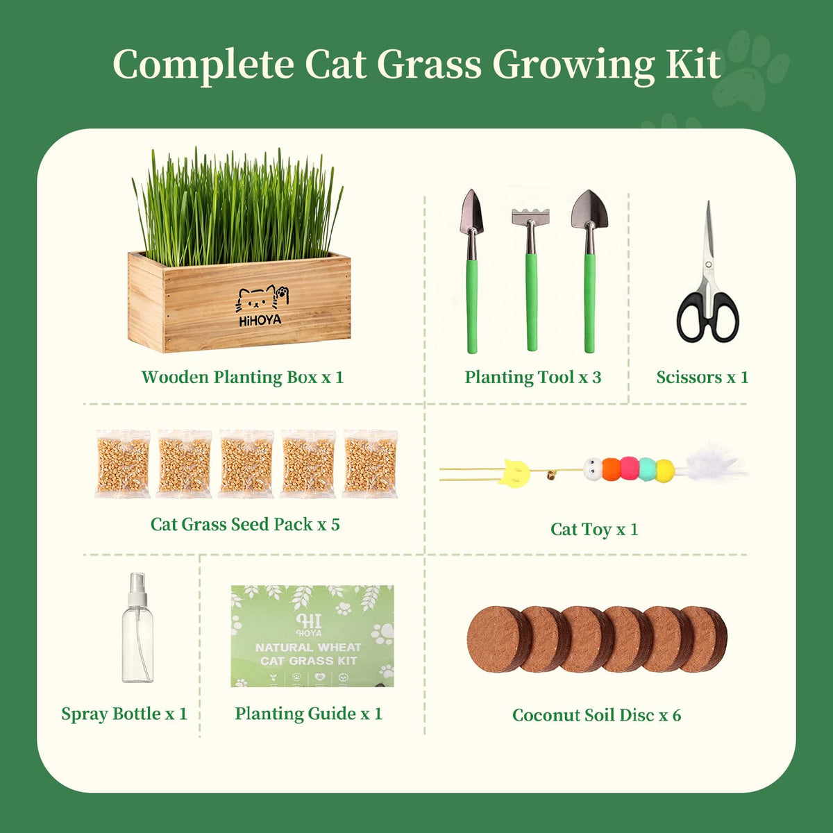 Cat Grass Kit with 5 Packets of Seeds, Wooden Planter, 6 Soil Discs, Trimming Scissors, Spray Bottle, and Mini Tools W53795