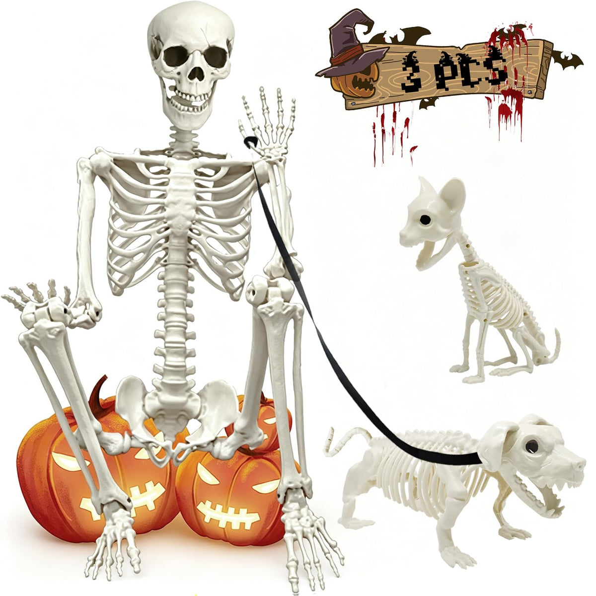 5.4Ft Posable Halloween Skeleton with Dog Cat Skeleton J8105