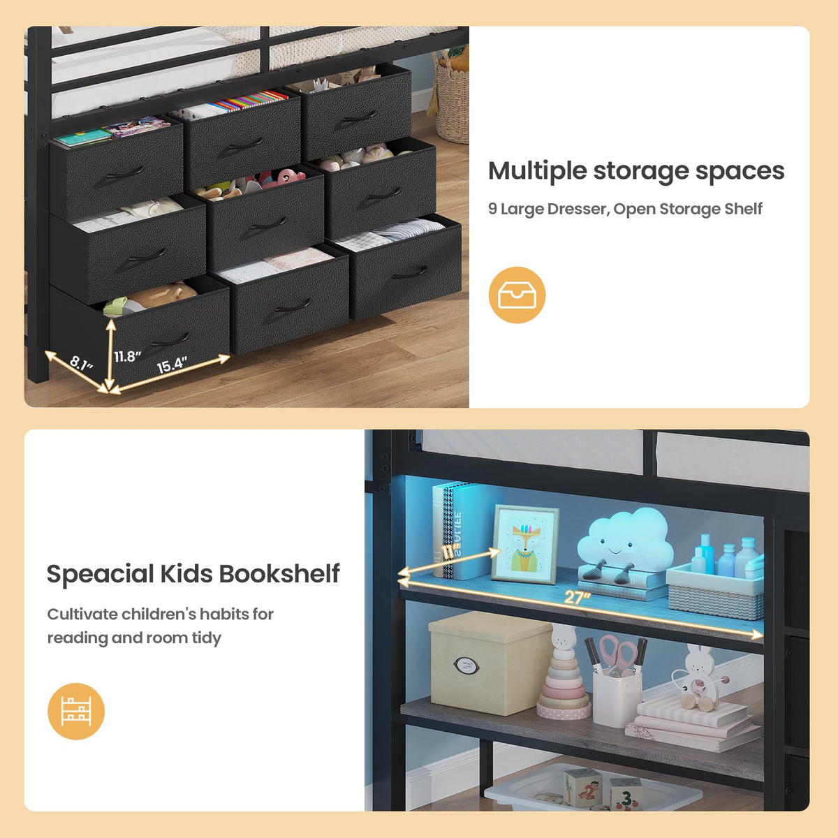 Twin Size Loft Bed with 9 Storage Drawers C826494
