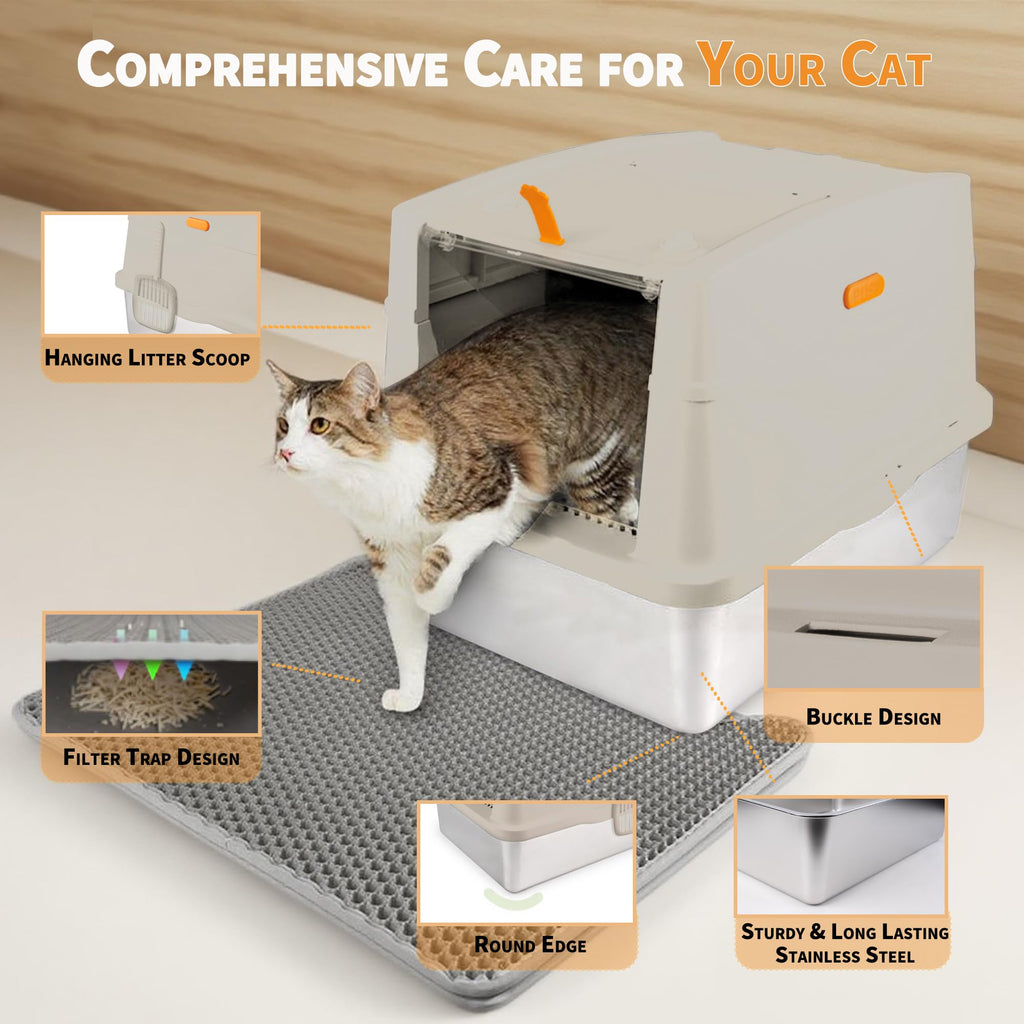 Large Stainless Steel Enclosed Cat Litter Box with Lid and Scoop Z2450