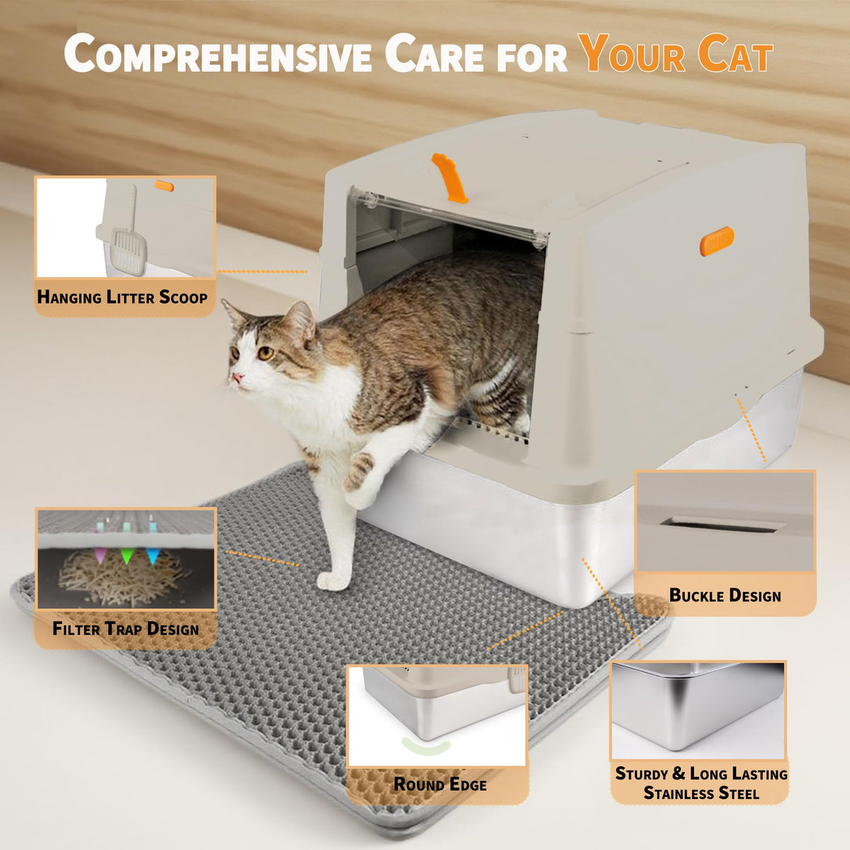Large Stainless Steel Enclosed Cat Litter Box with Lid and Scoop Z2450