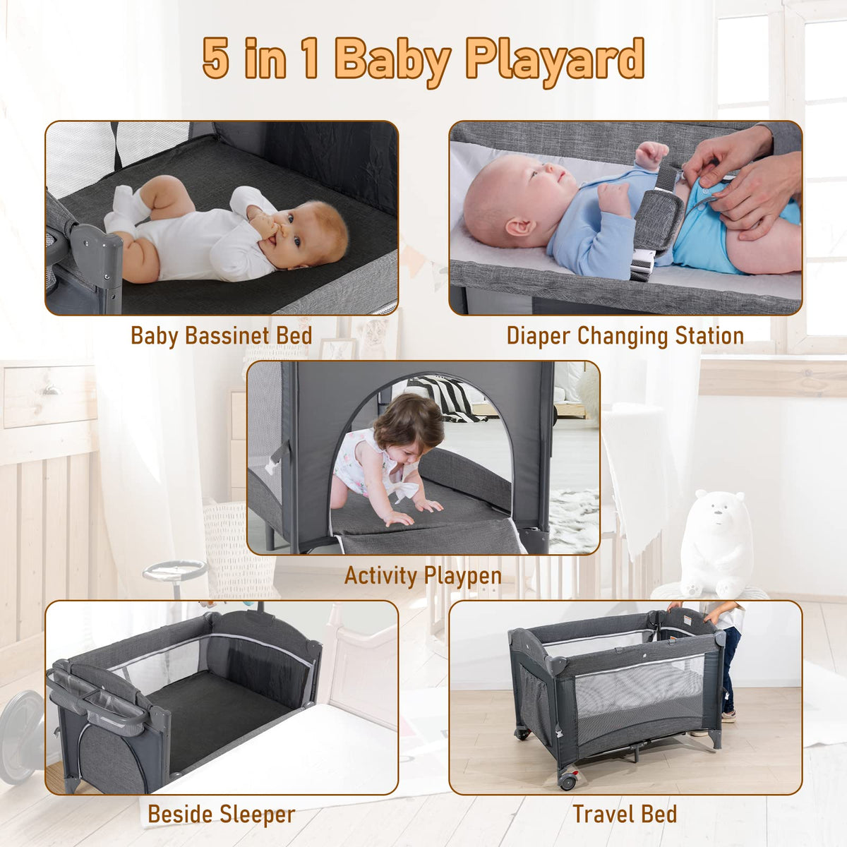 5-in-1 Baby Bassinet Bedside Sleeper Playard B556