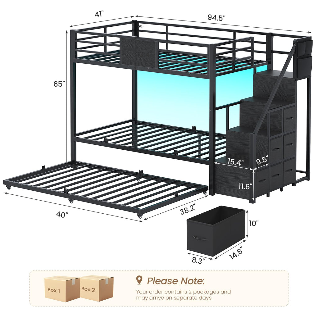 Twin Over Twin Bunk Bed with Trundle, Stairs, 6 Drawers, LED Lights L801