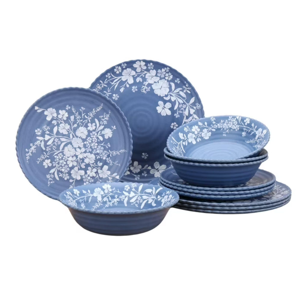 12-Piece Bamboo Melamine Dinnerware Set, Service for 4, Blue B417