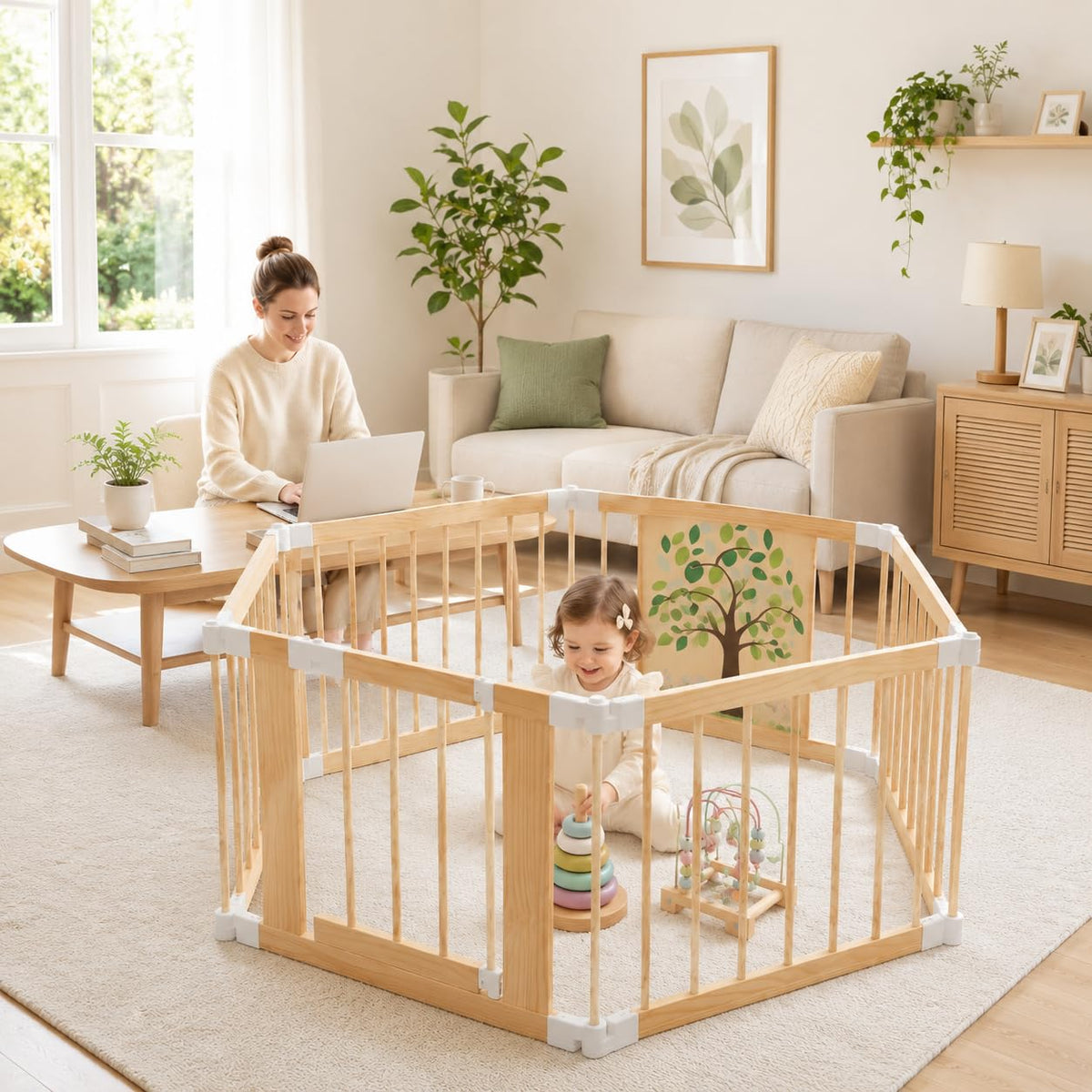 Foldable Wooden Baby Playpen with Adjustable Size and Shape W250859