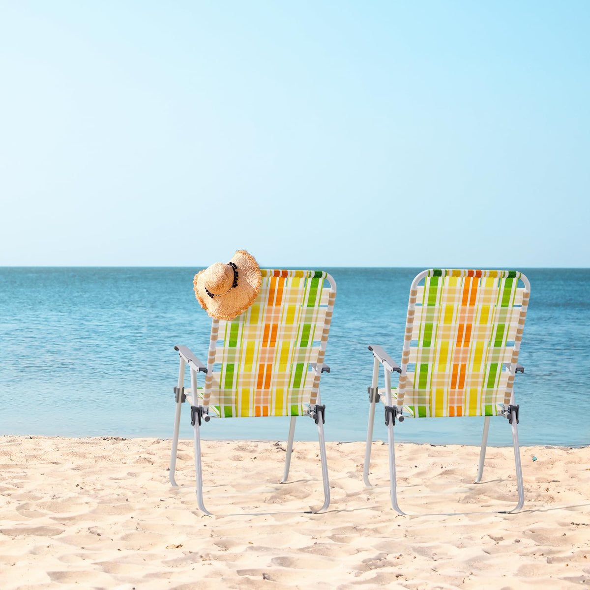 Set of 2 Webbed Folding Beach Chairs Yellow & Green W687733