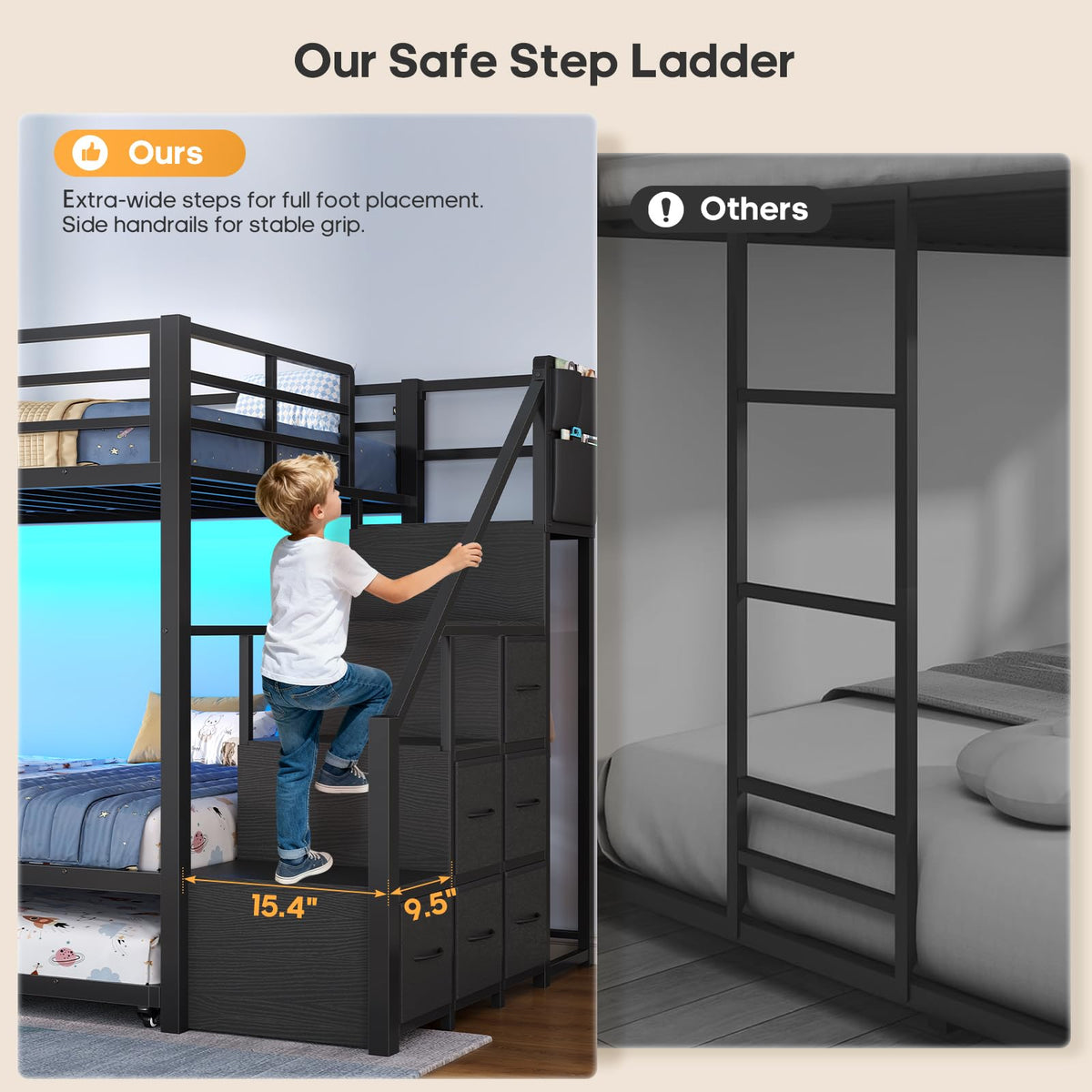 Twin Over Twin Bunk Bed with Trundle, Stairs, 6 Drawers, LED Lights L801