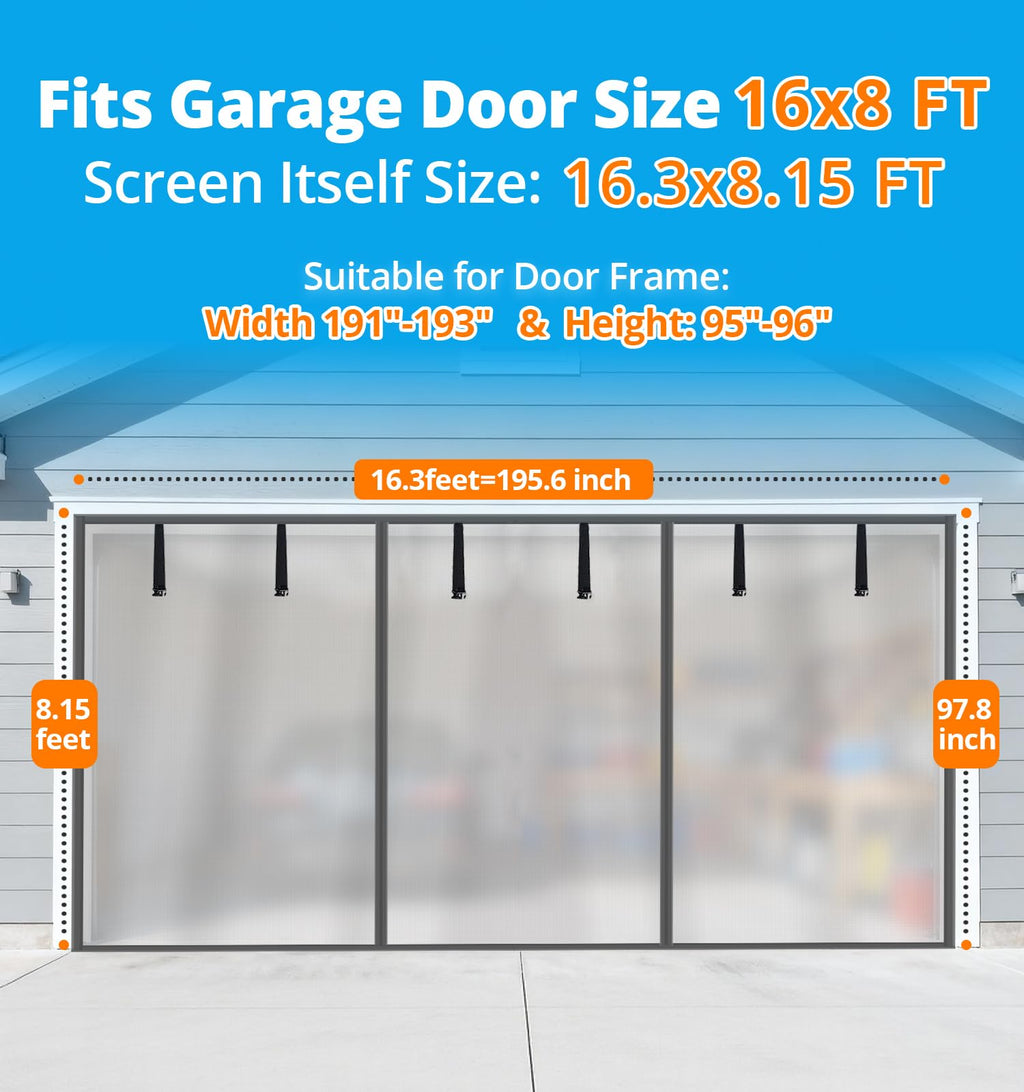 16x8FT Sliver Grey Magnetic Garage Door Screen with Fiberglass Mesh O41033