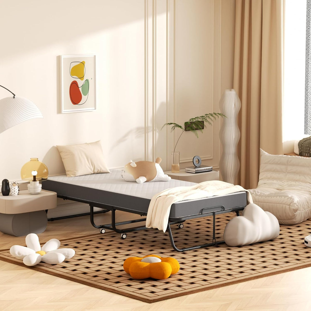 Foldable Single Bed with 5" Memory Foam Mattress and Wheels U89918