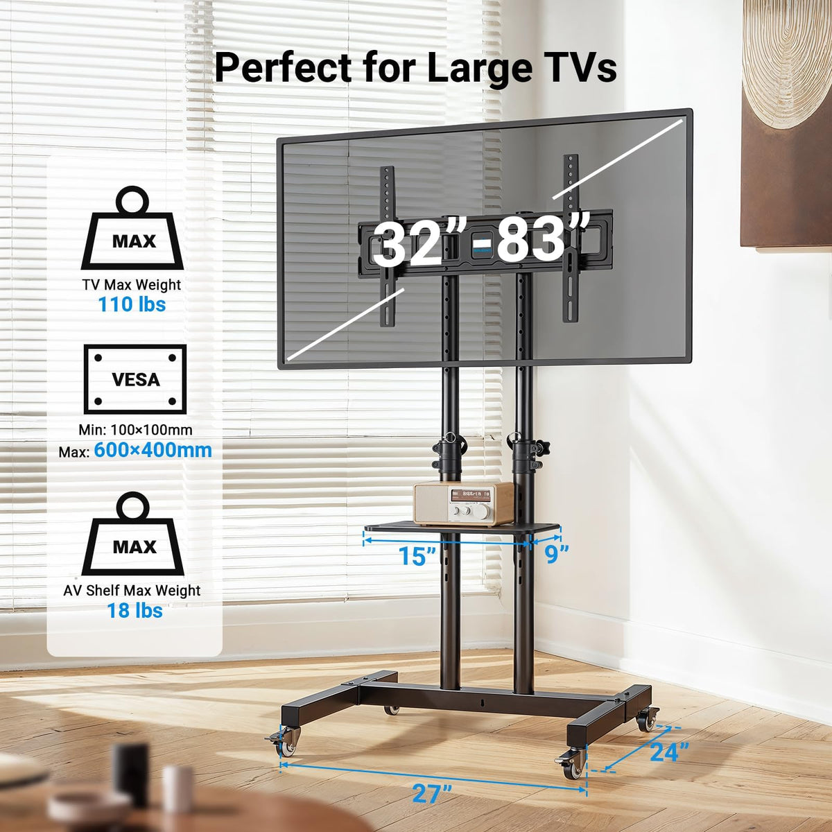 Rolling TV Stand on Wheels for 32-83 Inch Screens up to 110lbs E571