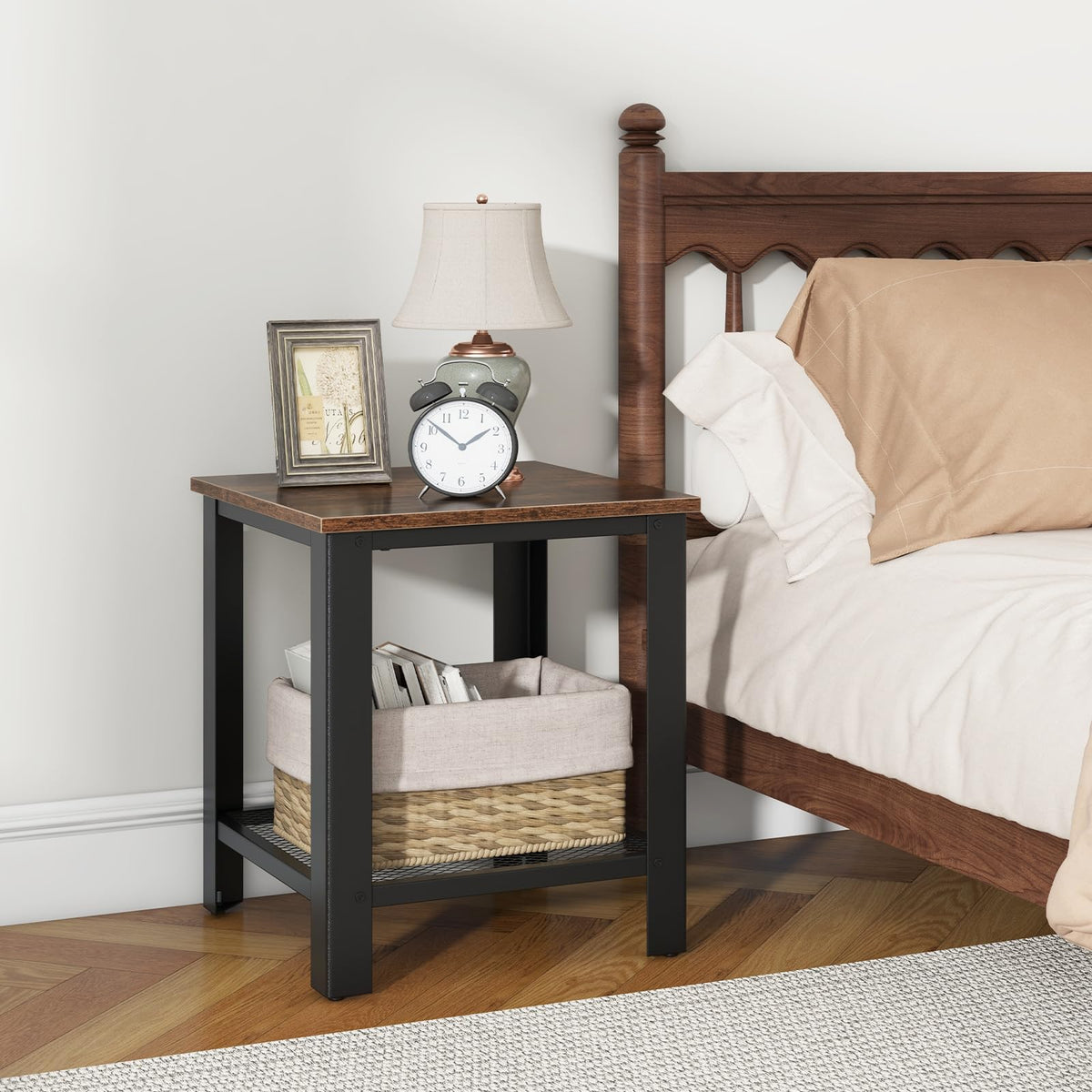 2-Tier End Table Set of 2, 16 Inch Side Table with Mesh Storage Shelf P686