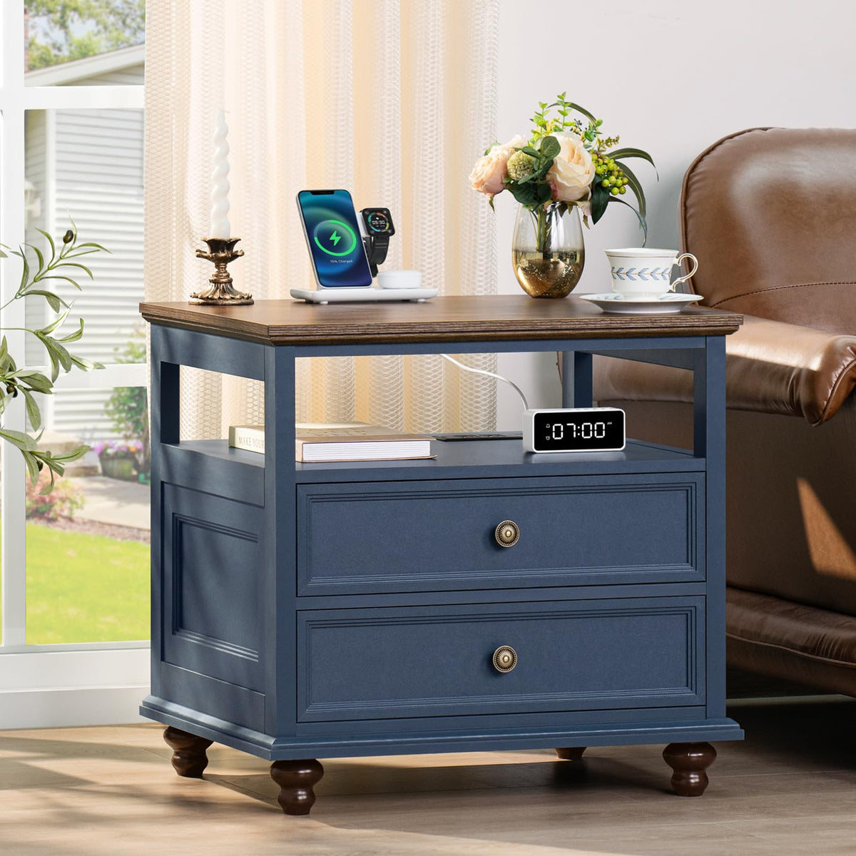 Blue 2 Drawer Wood Nightstand U51006