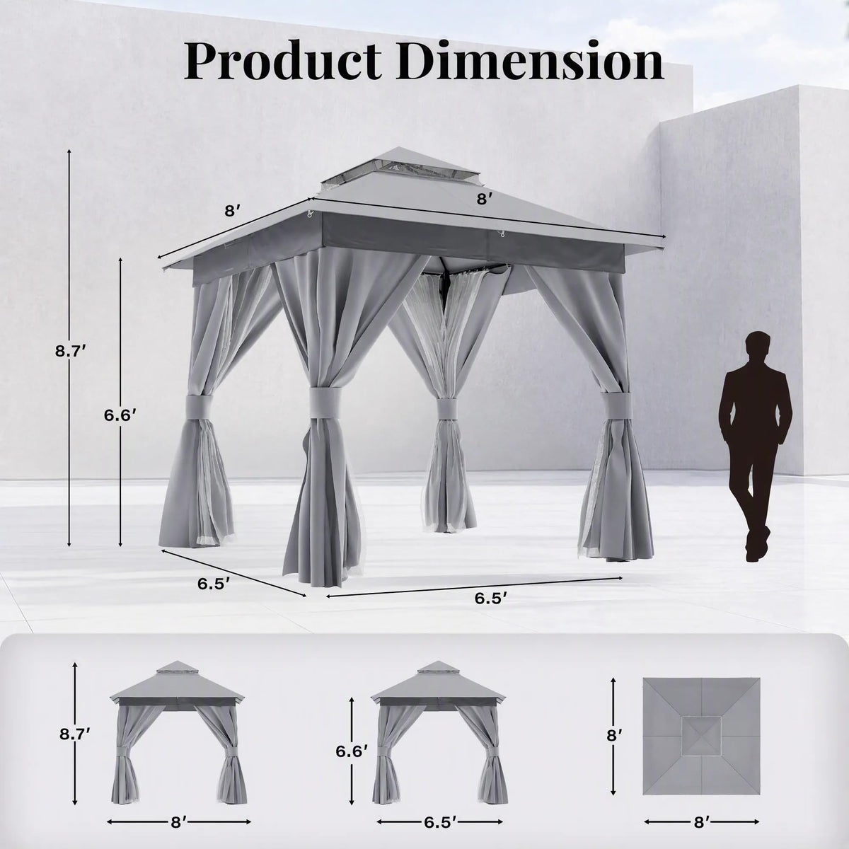 8x8 Gazebo Canopy with Netting, Curtains & Double Roof D887422