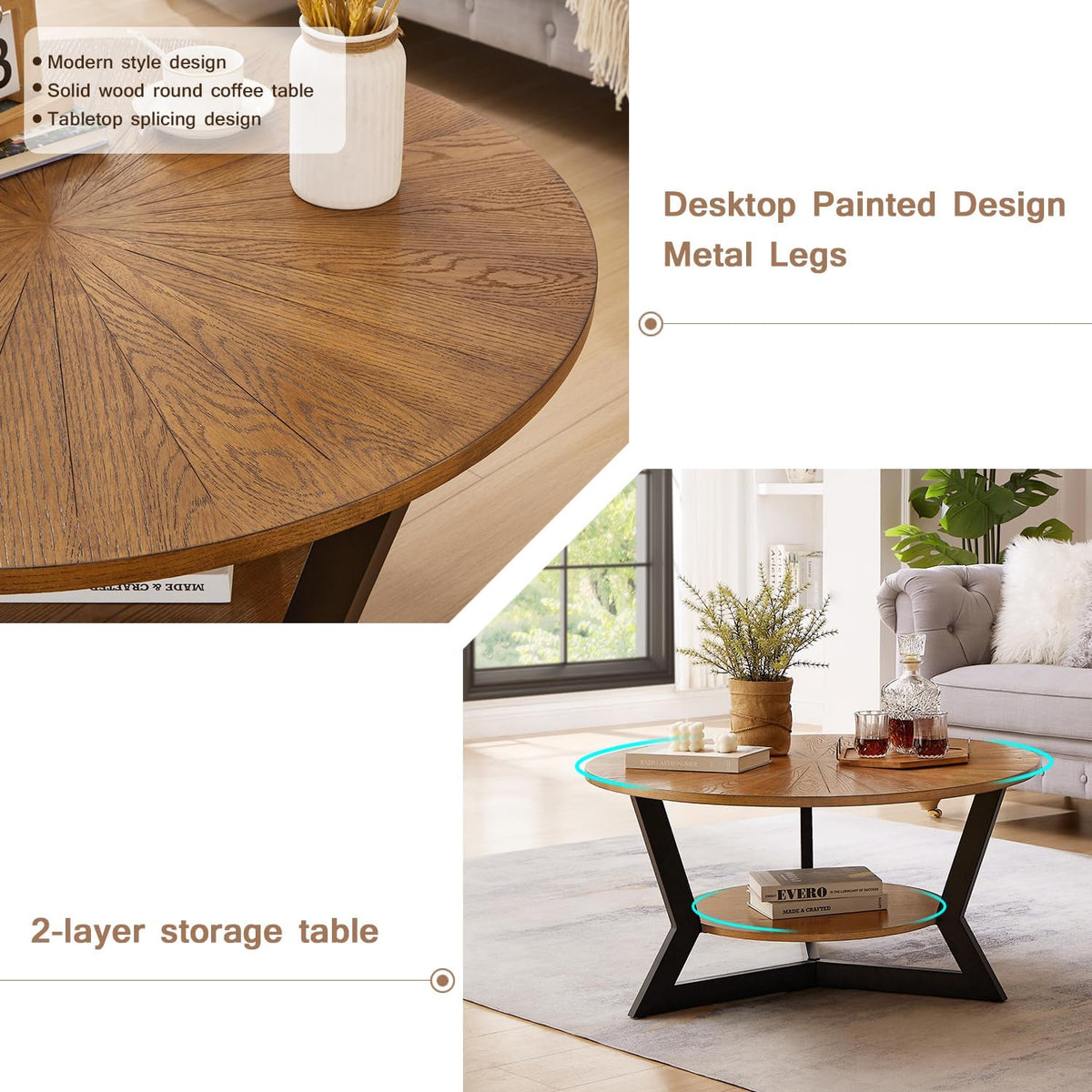 Brown 2-Tier Solid Wood Round Coffee Table I19197