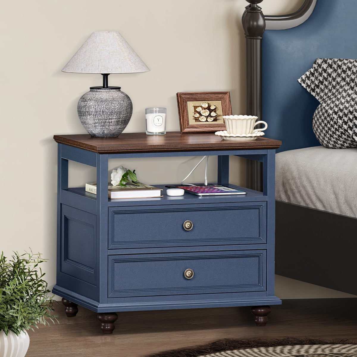 Blue 2 Drawer Wood Nightstand U51006