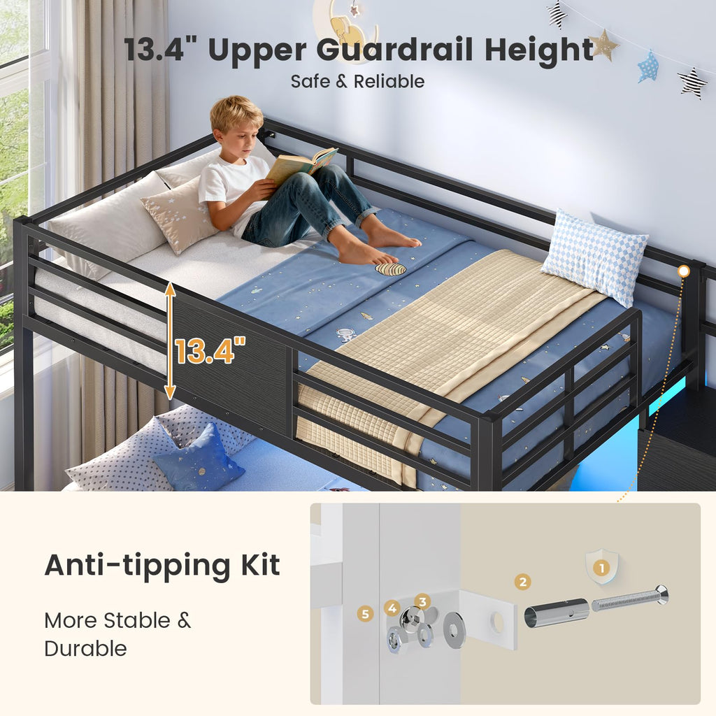 Twin Over Twin Bunk Bed with Trundle, Stairs, 6 Drawers, LED Lights L801
