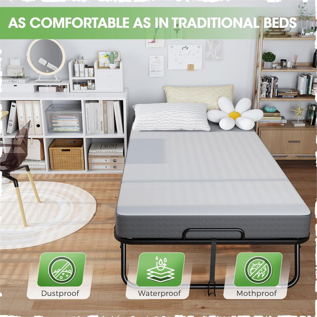 Foldable Single Bed with 5" Memory Foam Mattress and Wheels U89918