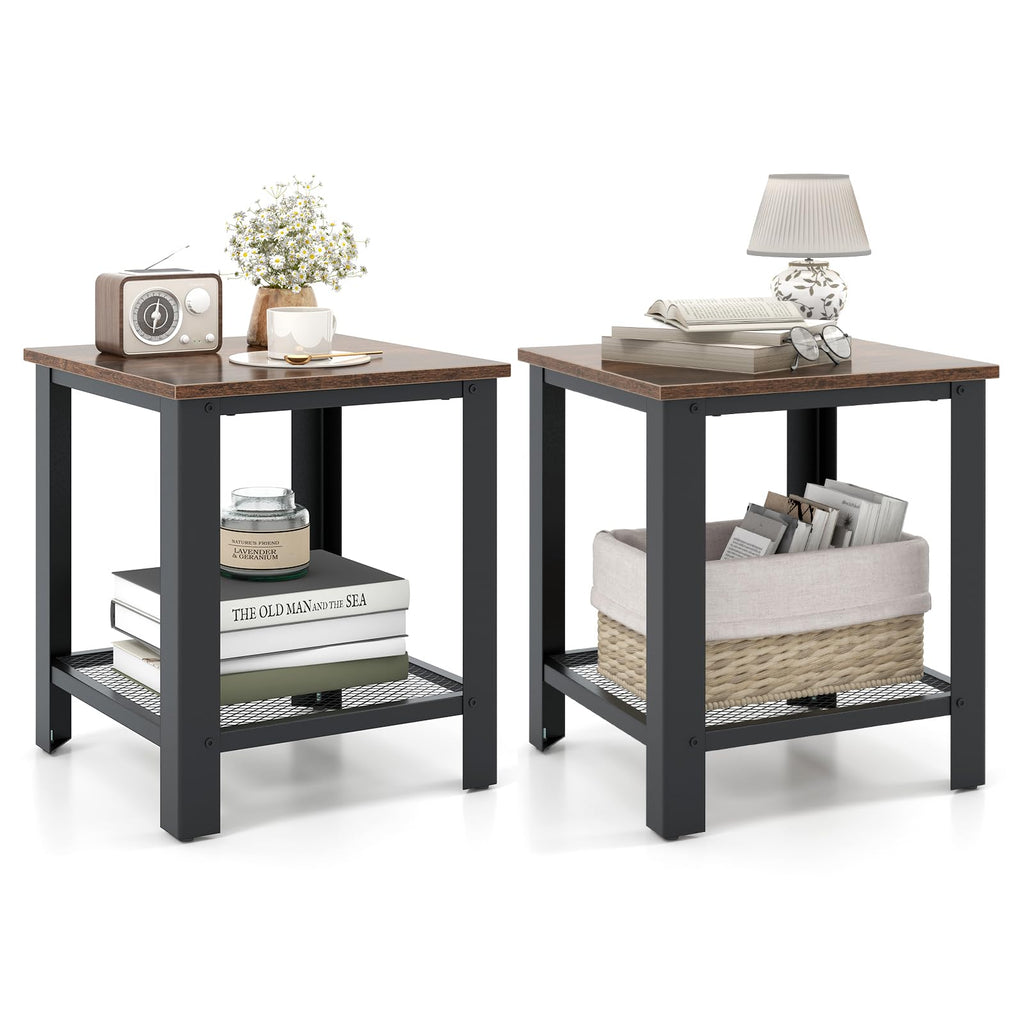 2-Tier End Table Set of 2, 16 Inch Side Table with Mesh Storage Shelf P686