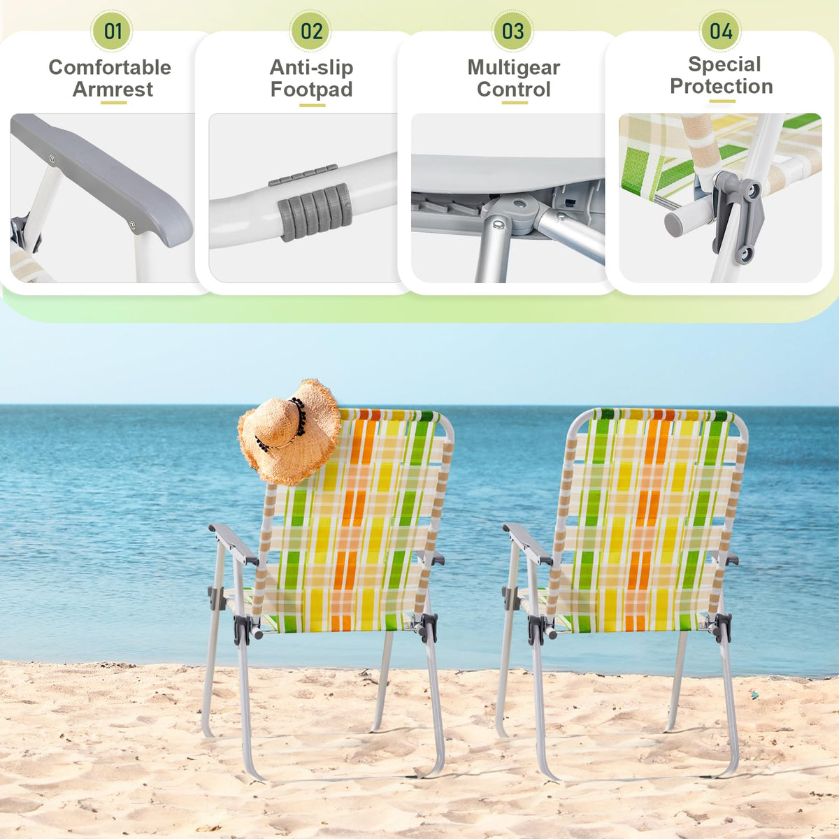 Set of 2 Webbed Folding Beach Chairs Yellow & Green W687733