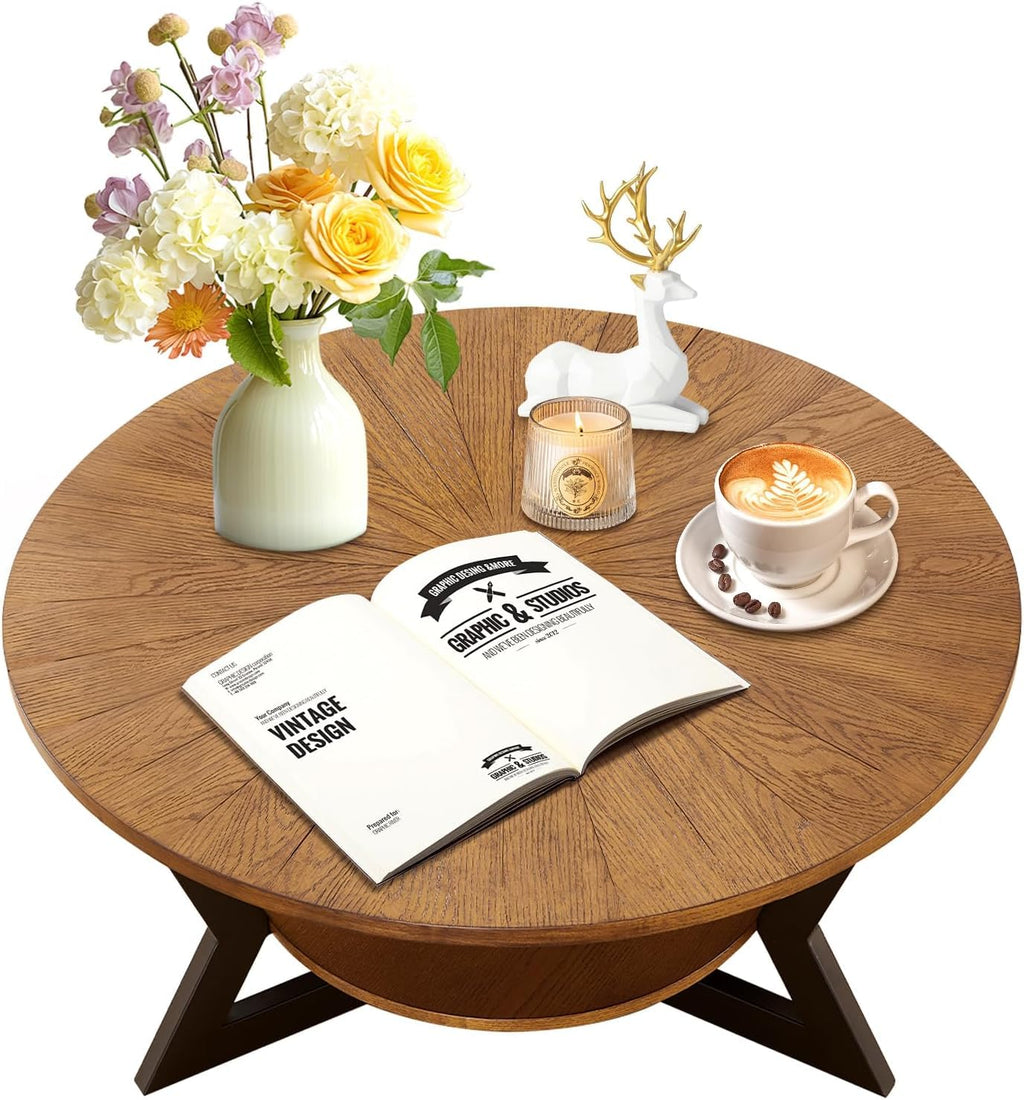 Brown 2-Tier Solid Wood Round Coffee Table I19197