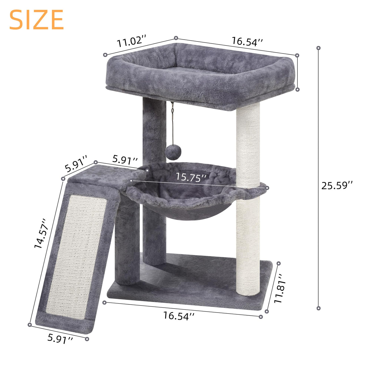 Cat Tree with Scratching Post and Hammock, Grey Y28422